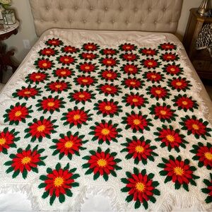 Vintage Crochet blanket throw white red 66x50 Vintage Rosanne granny poinsettia